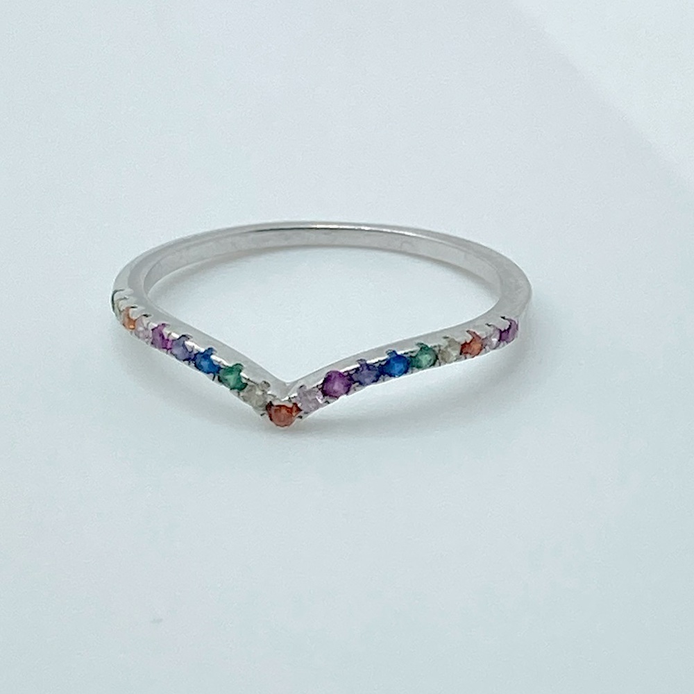 Vtg sterling rainbow multi gem stone chevron V ring sz 6.75